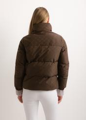 Women's dark brown monogram jacket with stand-up collar KURDT-0694-1I(Z26), product view from the back on a model. Half of the silhouette visible.