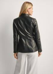 Women's fitted leather jacket KURDS-0424-5491(KS), back view of the product on the model. Half of the silhouette visible.