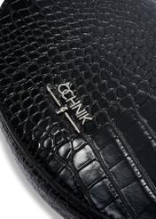 Black semi-circular women's croco messenger bag TOREC-1184-9G(W26), close-up of the product detail on a white background.