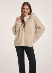Beige women's fur coat with zipper FUTDP-0057-80(Z25), product view from the front on the model, half of the silhouette visible.