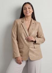 Beige women's PLUS SIZE leather jacket KURDS-0645L-1B(W26), product view from the front on the model, half of the silhouette visible.