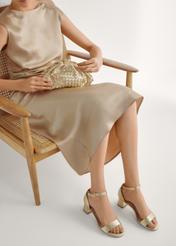 Women's gold leather sandals BUTYD-1179-2X(W26), front view of the product on the model's feet.