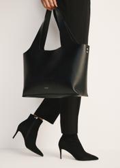 Black suede high heel ankle boots BUTYD-1122-98(Z24), product view on model's feet against a light background.