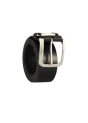 Black men's leather belt PASMS-0273-99(Z25), front view of the product rolled up on a white background.