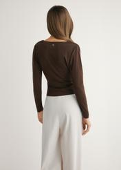 Dark brown women's blouse BLUDT-0203-1I(W26) - back view of the product on a model, against a light background. Half of the silhouette visible.