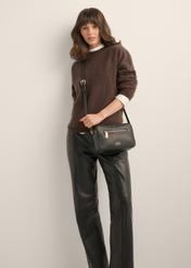 Small black women's messenger bag TORES-1427-9I(Z26), front view of the product on the model. Half of the silhouette visible.