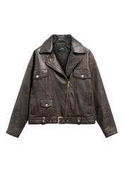 Women's brown oversize leather biker jacket KURDS-0608-1I(W26), front product view on white background.