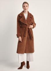 Long woolen fur coat in camel color FUTDW-0019A-24(Z25) - front view of the product on a model on a white background. The entire silhouette is visible.