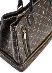 Brown travel bag with monogram TOREC-1079-89(Z25), detail view of the product from the back on a white background, close-up of the edge of the bag.