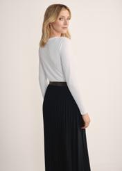 White women's blouse with long sleeves LSLDT-0038-11(KS), product view from the back on the model, half of the silhouette visible.