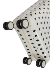 Small polka dot suitcase on wheels WALAB-0074-0P-19(W26), view of the product wheels on a white background.