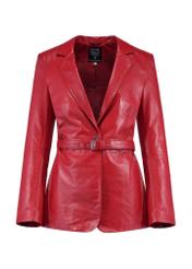 Red women's leather jacket KURDS-0542-2565(W25), front view of the product without model on white background.