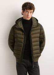 Men's green nylon jacket KURMT-0608-8B(Z26), front view of the product on the model. Half of the silhouette visible.