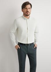 Men's Sage Striped Cotton Shirt KOSMT-0354-8F(W26) - front product view, modeled, against a light background. Knee-length silhouette visible.