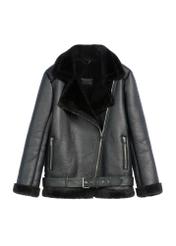 Black short women's sheepskin coat KOZDP-0001A-99(Z25), product view from the front on a white background.