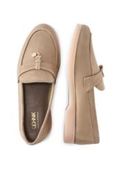 Women's leather moccasins in cool beige color BUTYD-1256-1K(W26), product view from above on a white background.