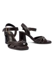 Dark brown leather block heel sandals BUTYD-1232-1I(W26), diagonal product view on white background.