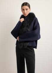 Women's short wool fur coat in navy blue FUTDW-0038-7E(Z26), front view of the product on the model. Half of the silhouette visible.