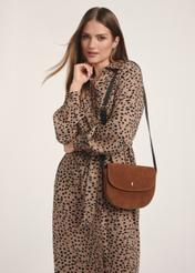 Women's brown suede messenger bag TORES-1168-88(Z25) - front view of the product on a model against a white background. The entire silhouette is visible from the side.