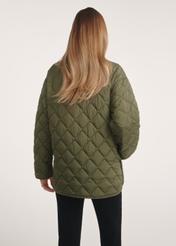 Women's jacket with collar in khaki color KURDT-0596-55(Z25), product view from the back on the model. Half of the silhouette visible.