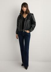 Women's black leather jacket with hood KURDS-0412-99(W26), front view of the product on the model. Full body visible.