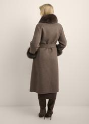 Long brown wool fur coat FUTDW-0043-1I(Z26), back view of the product on the model. Full body visible.