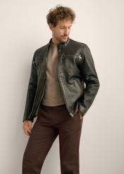 Men's vintage-style leather jacket KURMS-0421-9J(Z26). Front view of the product on a model. Half of the silhouette is visible. 