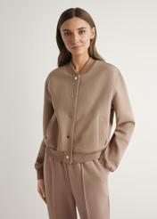 Women's camel sweatshirt BLZDT-0121-1D(W26), front view of the product on the model. Half of the silhouette visible.