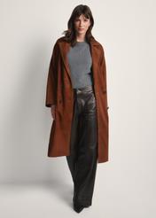 Women's brown oversized suede coat KURDS-0551-0775(Z25), front view of the product on the model. Full body visible.