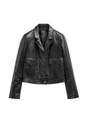 Black women's leather short jacket KURDS-0471-99(W26), front product view on white background.