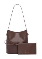 Dark brown women's imitation leather handbag TOREC-1214-1H(W26), product view with cosmetic bag on white background.