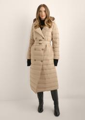 Dark beige long women's jacket KURDT-0709-1C(Z26), front view of the product on the model. Full body visible.