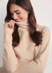 Beige women's turtleneck sweater SWEDT-0241-80(Z25), close-up of the product on the model.