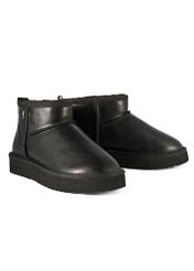 Women's black leather snow boots BUTYD-1219-99(Z25) - diagonal view of a pair of boots on a white background.