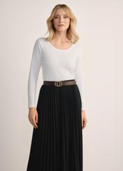 White women's blouse with long sleeves LSLDT-0038-11(KS), product view from the front on the model, half of the silhouette visible.