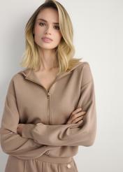 Camel women's zip-up sweatshirt BLZDT-0108A-1D(W26), close-up of the front of the product on the model. Half of the silhouette visible.