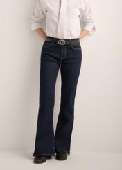 Women's dark navy blue jeans JEADT-0020-7E(Z26), front view of the product on the model. Half of the silhouette visible.