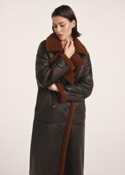 Long brown women's sheepskin coat KOZDP-0014-90(Z25) - front view of the product on a model on a white background. Visible silhouette to the knee.