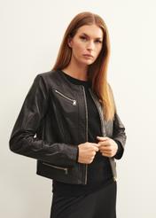 Women's black leather jacket with zippers KURDS-0419-1040(W23)-01