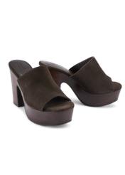 Dark brown leather women's mules on a block heel BUTYD-1275-1I(W26), diagonal product view on a white background.