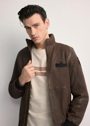 Men's brown leather jacket KURMS-0383-2876(Z25), close-up of the product from the front on the model.