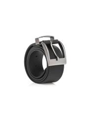 Black men's leather belt PASMS-0127-9I(W26), diagonal product view on white background.