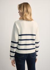 Women's cream striped cardigan KARDT-0060-0P(W26), back view of the product on the model. Half of the silhouette visible.
