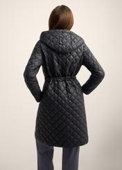 Women's black quilted jacket KURDT-0680-99(Z26), back view of the product on the model. Half of the silhouette visible.