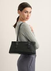 Women's black leather shoulder bag TORES-1429-99(Z26), product view on model's shoulder. Half of silhouette visible.