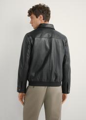Black men's leather jacket KURMS-0407-99(W26), product view from the back on the model. Half of the silhouette visible.