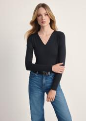 Black women's long-sleeved bodysuit BODYT-0001-99(Z25), product visible from the front on the model, half of the silhouette visible.