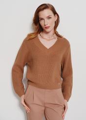 Women's camel V-neck sweater SWEDT-0162-83(Z24)-01