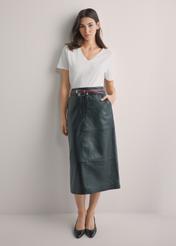 Black leather midi skirt SPCDS-0076-99(W26), front view of the product on the model. Full body visible.