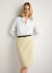 Women's white shirt KOSDT-0182-0A(W26), front view of the product on the model. Half of the silhouette visible.